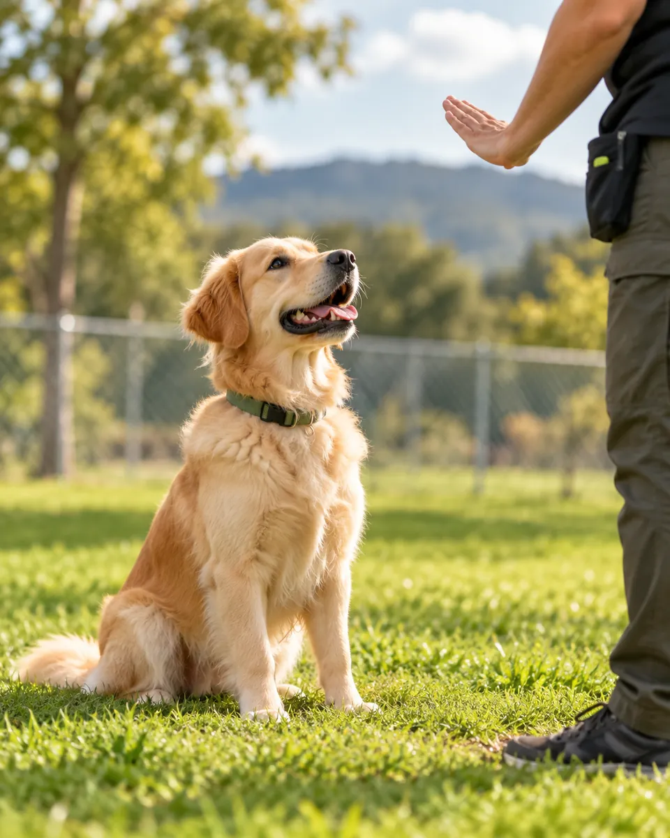 Perro atento durante una sesión de entrenamiento al aire libre