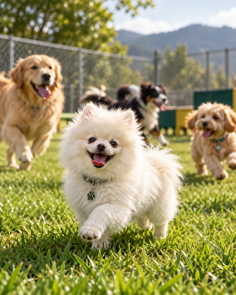 Perros jugando felices en el césped de la guardería