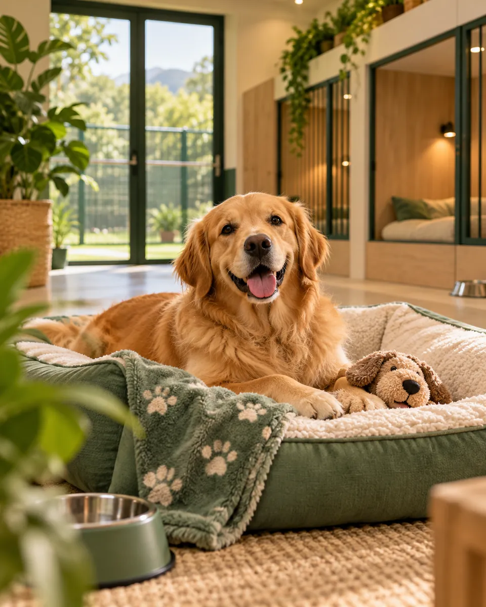 Ilustración de un perro descansando en su cama en el hotel canino