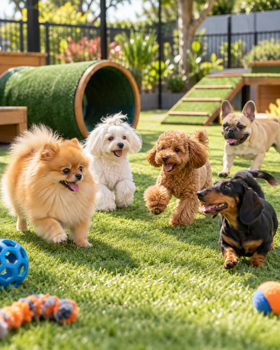 Perritos pequeños jugando juntos en el césped con juguetes