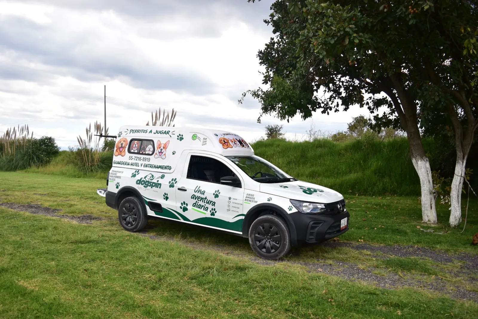 Camioneta de transporte de DOGSPIN rotulada con su logotipo, estacionada en el campo